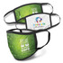 Three reusable face masks in various designs: one green with a logo, one white with a logo, and one patterned green mask.