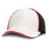 A cap featuring a white front and a black back, with red accents along the seams and brim. It has a logo on it.