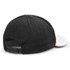 A black and white cap featuring a curved peak and an adjustable strap at the back. It includes a logo.