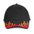 A black cap featuring a flame design in red and yellow along the brim, with a logo present.