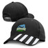 A black cap featuring a logo and white striped details on the front and back.