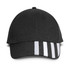 A black cap featuring three white stripes on the front and a rounded peak, with a logo on the side.