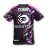 A custom men's sports V-neck T-shirt in black with pink and geometric patterns, featuring a logo on the back.