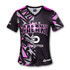A black and pink V-neck T-shirt with geometric patterns and a logo. Suitable for sports and casual wear.