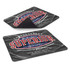 A mouse mat featuring a black textured surface with a prominent red and white logo and branding elements.