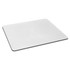 A slim white mouse mat with a smooth surface and black edges, featuring a branding logo.