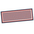 A long rectangular scarf featuring a grid pattern in navy, orange, and white colours, with a branded edge.