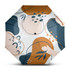 A full colour compact umbrella featuring an abstract design in earthy tones of orange, teal, and beige. It has a logo.