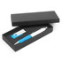 A pen with a blue grip and a white barrel, alongside a matching USB flash drive, presented in a sleek black gift box.