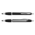 A black plastic stylus pen with a comfortable grip and shiny silver accents, featuring a branding logo.