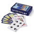 A set of playing cards in a blue box featuring images of palm trees and hotel scenes, with a mix of coloured cards displayed.