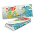 A full-colour sand-free towel featuring a wave design in blue and green with a surf theme. It has a logo.