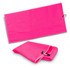 A bright pink waffle golf towel displayed flat and folded, featuring a small hook for attachment.
