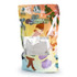 A large foil stand-up pouch with a colourful, knitted style design and a transparent window. It features a logo.