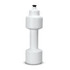 A drink bottle designed to look like a dumbbell, featuring a white body with a twist-off cap.