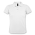 A white women's polo shirt with a collar and buttons, featuring a logo on the tag.
