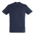 A navy blue adult T-shirt with a round neckline and short sleeves, featuring a logo.