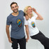 Men's and women's T-shirts in blue and white, featuring a colourful logo on the front.