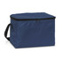 A navy blue cooler bag with a zippered top and a side handle, featuring a front pocket and a logo.