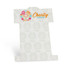 A display card for a promotional product featuring a logo and decorative elements, primarily in white with multicoloured graphics.