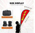 A red teardrop banner with a black carrying bag and packaging, featuring a logo. Includes size display measurements.