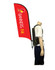 A double-sided wing banner attached to a black backpack, featuring a red and yellow design.