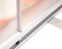 A close-up of a silver pull-up banner base, featuring a pole and a textured surface.
