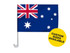 A car flag featuring the Australian flag design, displayed on a white pole. It has a yellow circle indicating custom sizes.