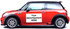 A red car with a blank space for an advertisement on its side, featuring a sleek design and alloy wheels.