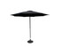 A black café umbrella with a sturdy base, featuring a three-metre by three-metre canopy. It has a central pole and multiple ribs.