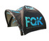 A black and blue promotional air tent wall featuring logos. The design is sleek and modern, suitable for outdoor events.