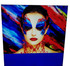 A decorative light box featuring a woman with vibrant blue and red face paint against a colourful, abstract background.
