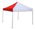 A red and white marquee tent with a triangular canopy and metal frame, featuring four legs for stability.