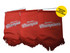 Three red pennants with white text and fringes, featuring a logo and a hanging cord.