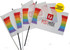 A set of polyester hand wave flags featuring rainbow colours and a logo, with customizable sizes available.