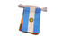 A bundle of vinyl bunting featuring alternating blue and white flags with a central emblem, showcasing vibrant colours.