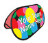 A colourful pop-up banner featuring large circles in pink, blue, yellow, and black. It includes space for team names.
