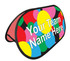 A pop-up banner featuring multicoloured circles and space for custom text. It has a black border.