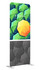 A promotional display featuring a vibrant design with green and orange umbrellas. Includes a logo at the top.
