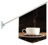 A double-sided flag featuring a white coffee cup on a saucer surrounded by coffee beans, displayed on a pole.