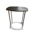 A promotional table with a black top and silver legs, featuring a circular base and a logo.
