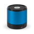A blue Bluetooth speaker with a black base and a silver mesh top, featuring control buttons on the side.