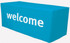 A turquoise 8-foot table cover featuring the word "welcome" in bold white text.