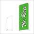 A green tension fabric display with a white logo on a frame. Features an angled top design.