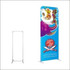 A tension fabric display with a vibrant blue design featuring a colourful graphic and a silver frame.