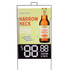 A promotional display featuring a session ale in a brown bottle, with a colourful background and a logo. It has a black stand.
