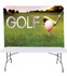 An 8ft stretch fabric table top banner stand with a golf-themed design featuring a golf club and golf ball on a grassy background.