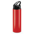 A drink bottle in vibrant red with a black flip cap and a handle, featuring a logo.