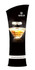 A promotional tension fabric display featuring a curved tower design with a gold perfume bottle image, predominantly black.