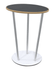 An oval table with a black top and wooden edge, supported by three silver legs and a white base.